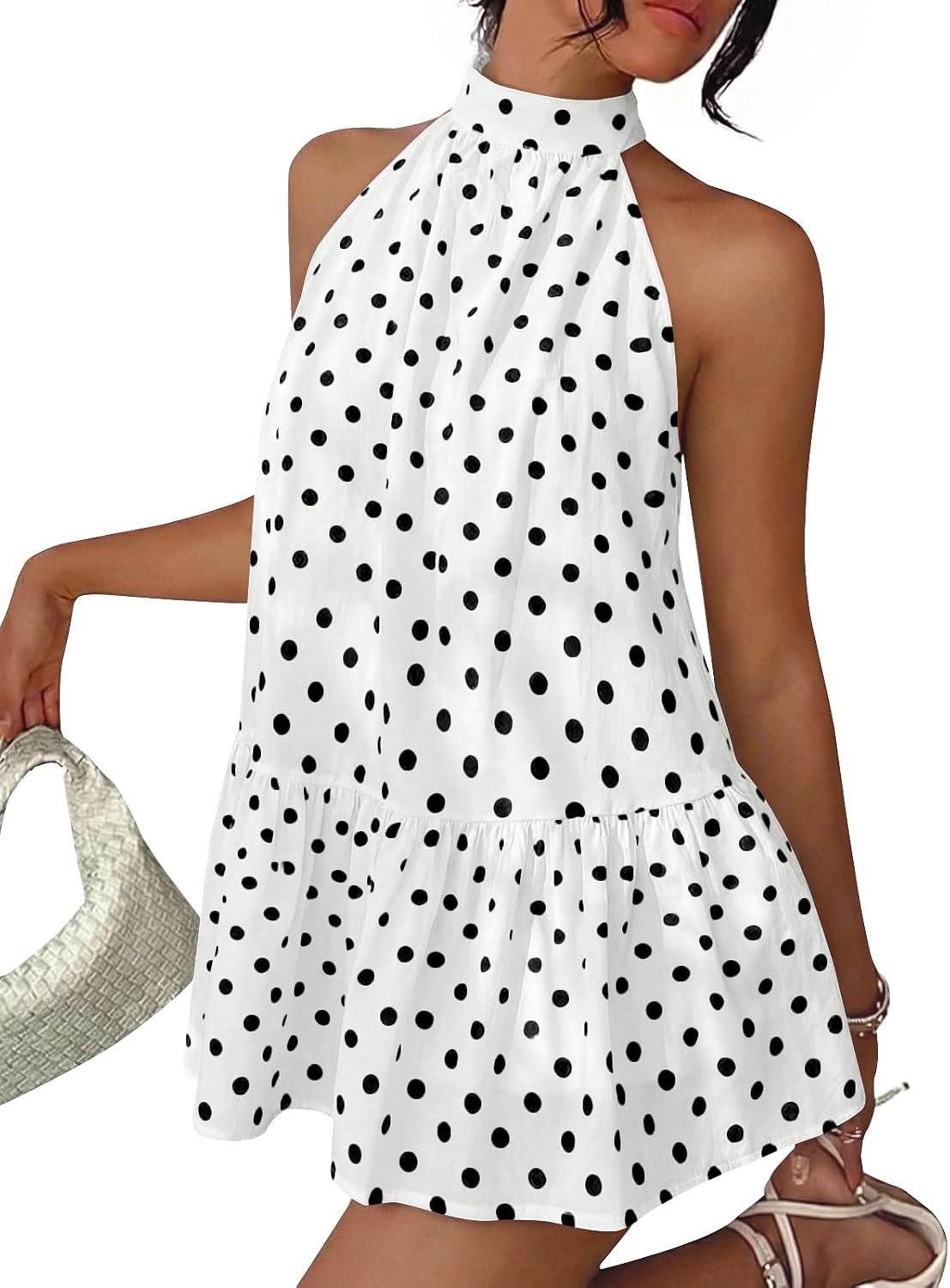LILLUSORY Women Halter Polka Dot Babydoll Summer Mini Dresses | Date Night Outfit, A Line Flowy Cute Dress, Sleeveless Dress For Layering In Fall, Beach Vacation Party Resort Sundress