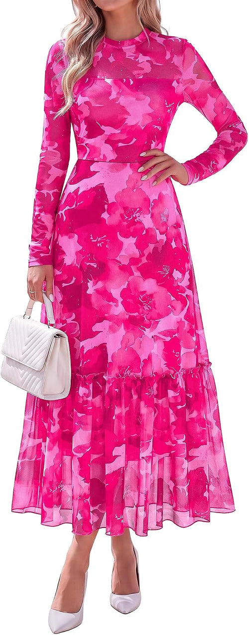 BTFBM Boho Mesh Long Sleeve Dress for Women | Mock Neck, Floral, A Line, Tiered, Baby Shower, Graduation, Wedding, Cocktail Maxi Dresses, 2026 Fall Fashion, Resort Wear