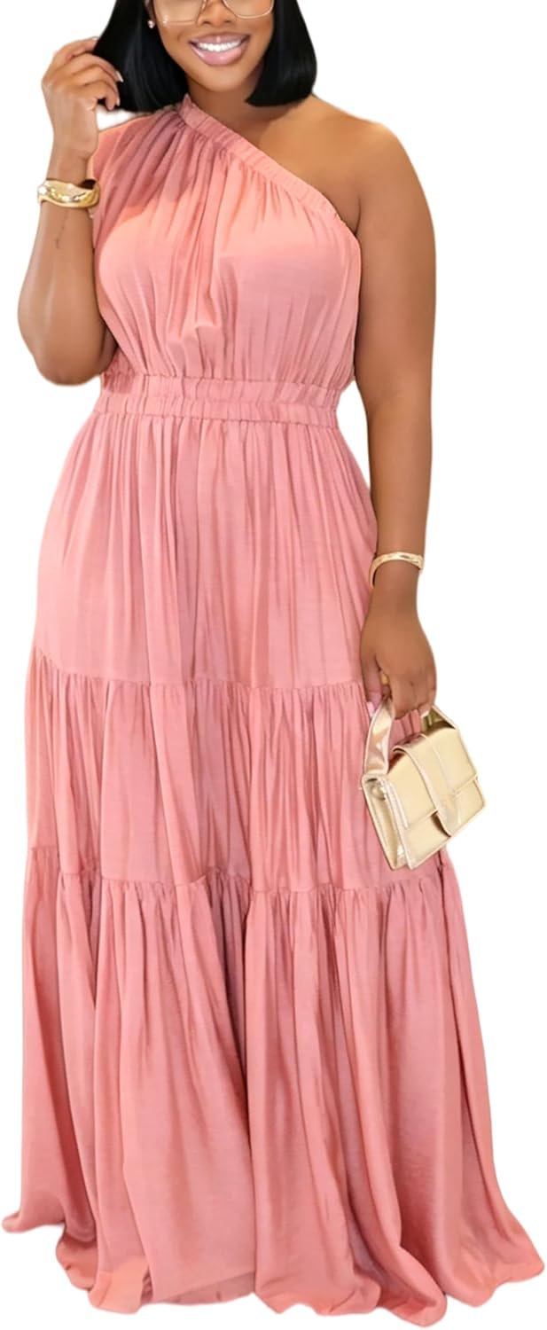YUEWOO Casual Summer Dresses for Women One Shoulder Sleeveless Boho Beach Maxi Dress Flowy Long Sundresses Vacation Outfits