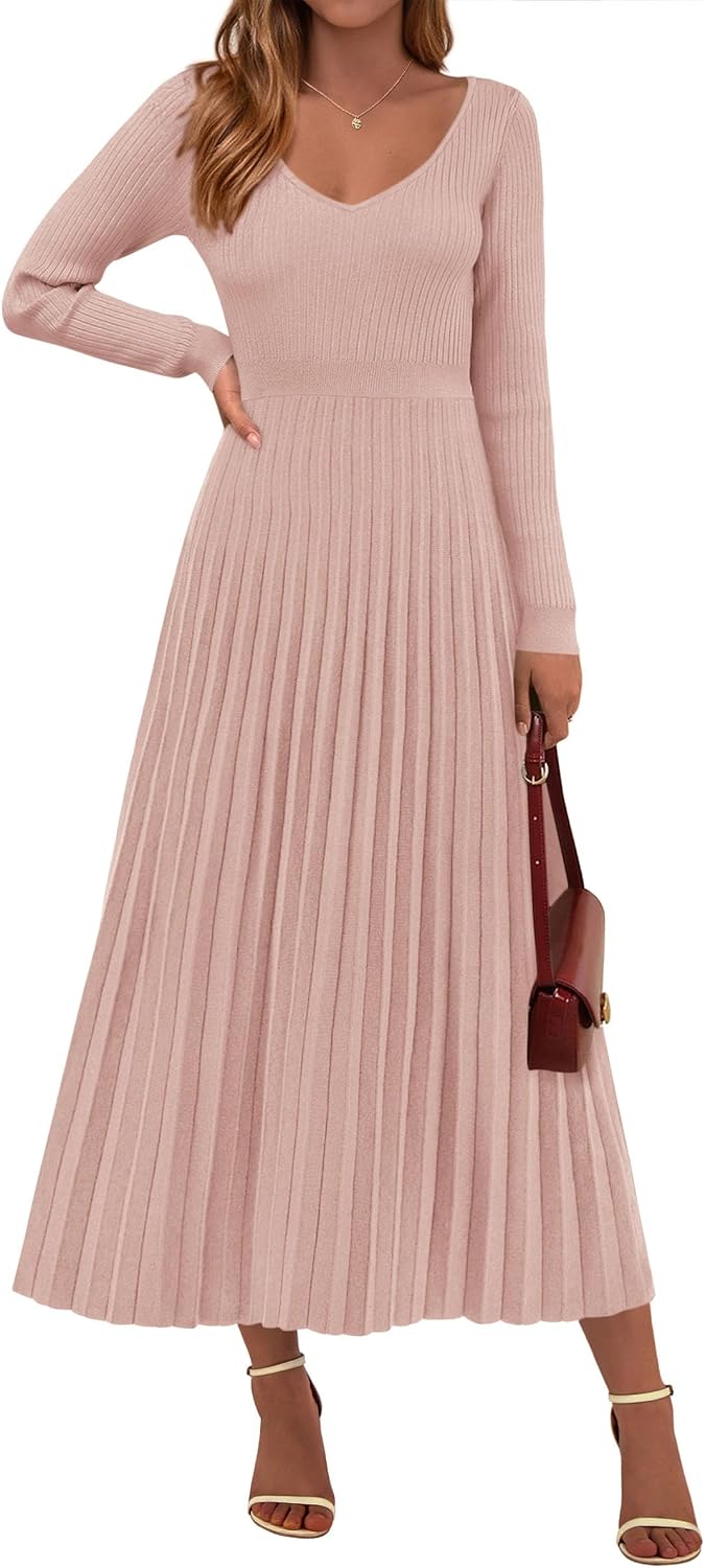PRETTYGARDEN Sweater Dress Women Long Sleeve Maxi Flowy Pleated Dresses | Cozy Ribbed Knit, Swing A Line, Elegant Fall Outfits for Wedding Guest, Holiday Party, Date Night, Winter Office Work Clothes