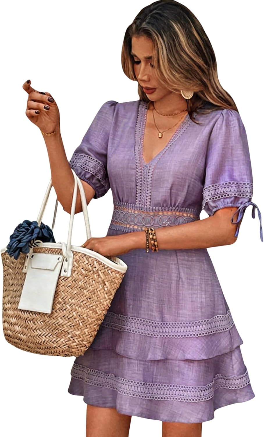 SOLY HUX Women's Summer Dress Lace Short Sleeve A Line Layered Short Dress | Hollow Out, ,V Neck, Puff Sleeve, Mini Dresses
