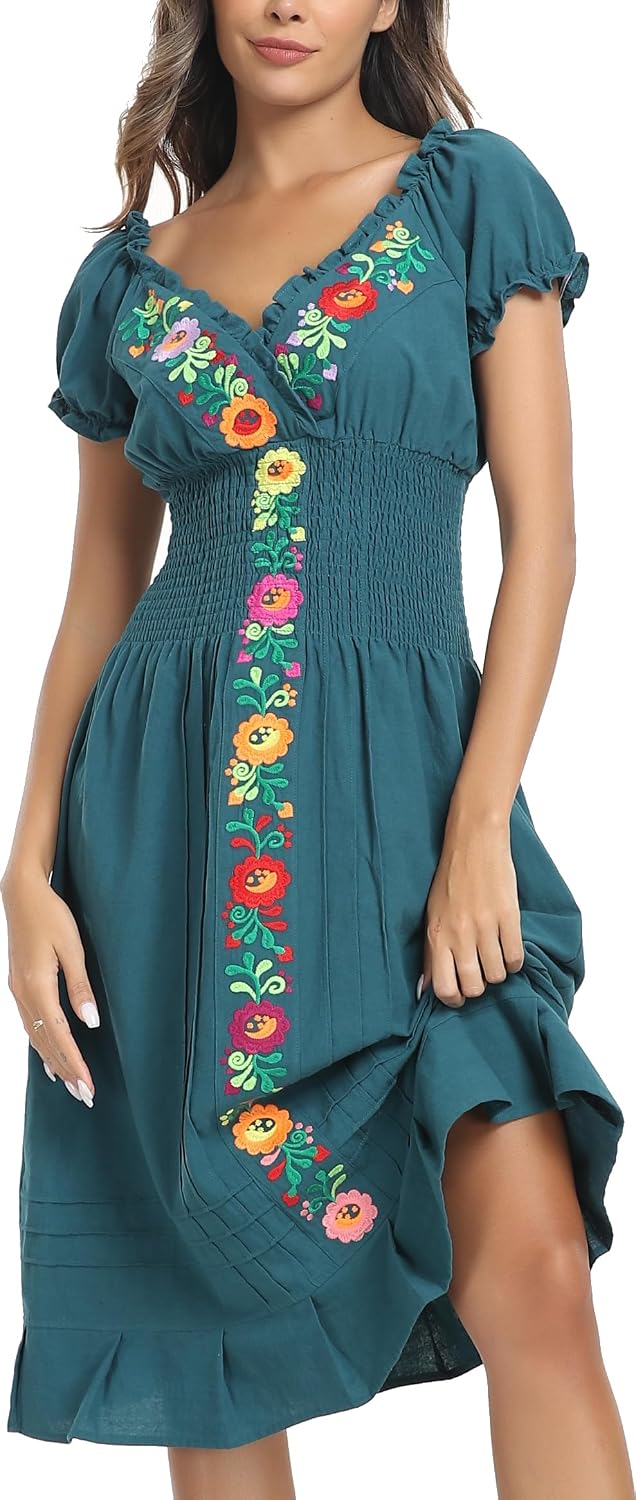 YZXDORWJ Women Mexican Embroidered Casual Dress Summer Ruffle V Neck Short Sleeves