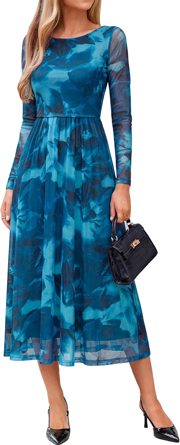 Simplee Womens Fall Floral Long Sleeve Cocktail Wedding Guest Maxi Dress | Elegant Semi Formal, Winter Holiday Party, A Line Flowy, Boho Long Dress, Ruched High Waist, Boat Neck, Elastic Mesh