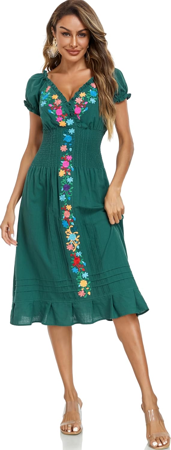 YZXDORWJ Women Mexican Embroidered Casual Dress Summer Ruffle V Neck Short Sleeves