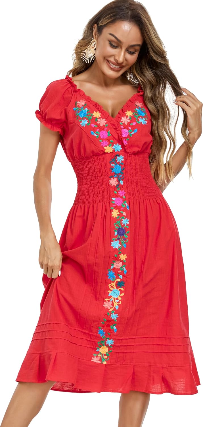 YZXDORWJ Women Mexican Embroidered Casual Dress Summer Ruffle V Neck Short Sleeves