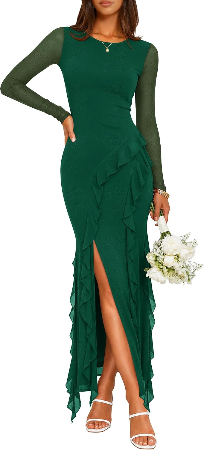 ZESICA Womens Fall Long Sleeve Mesh Bodycon Wedding Guest Maxi Dresses | Asymmetric Ruffle Hem, Side Slit, Sheer Mesh Sleeve, Formal Cocktail Party Dress, Date Night Outfit, Elegant Evening Dress