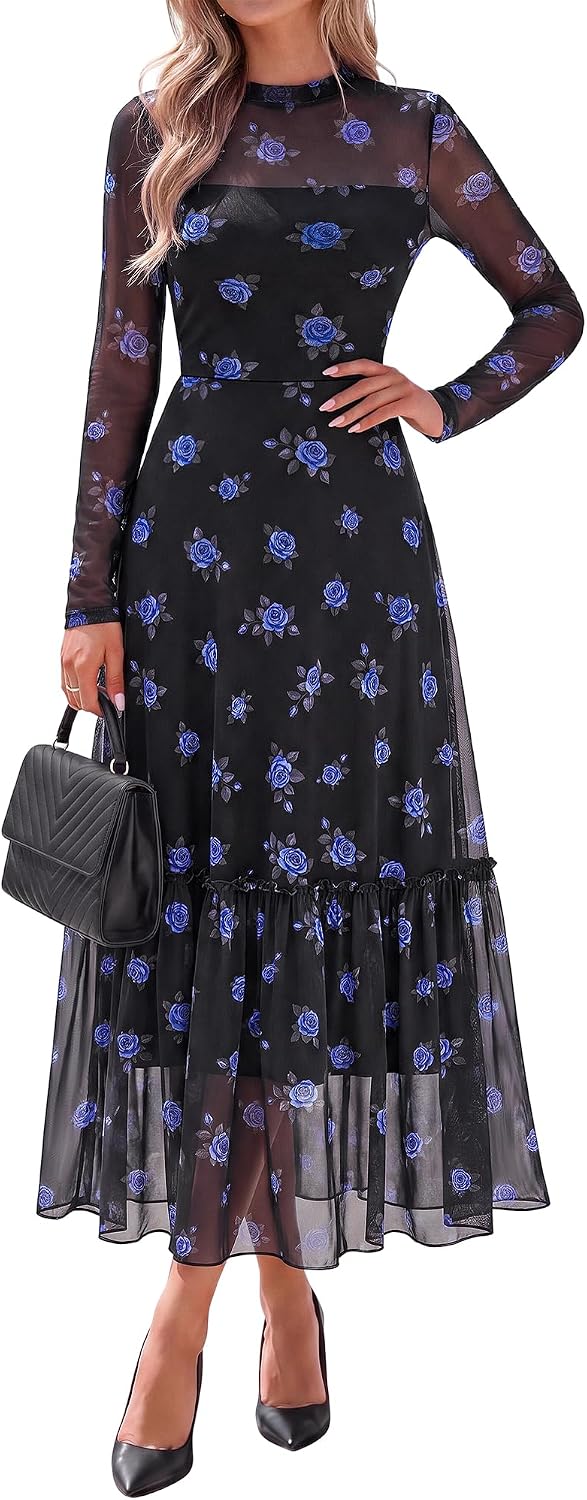 BTFBM Boho Mesh Long Sleeve Dress for Women | Mock Neck, Floral, A Line, Tiered, Baby Shower, Graduation, Wedding, Cocktail Maxi Dresses, 2026 Fall Fashion, Resort Wear