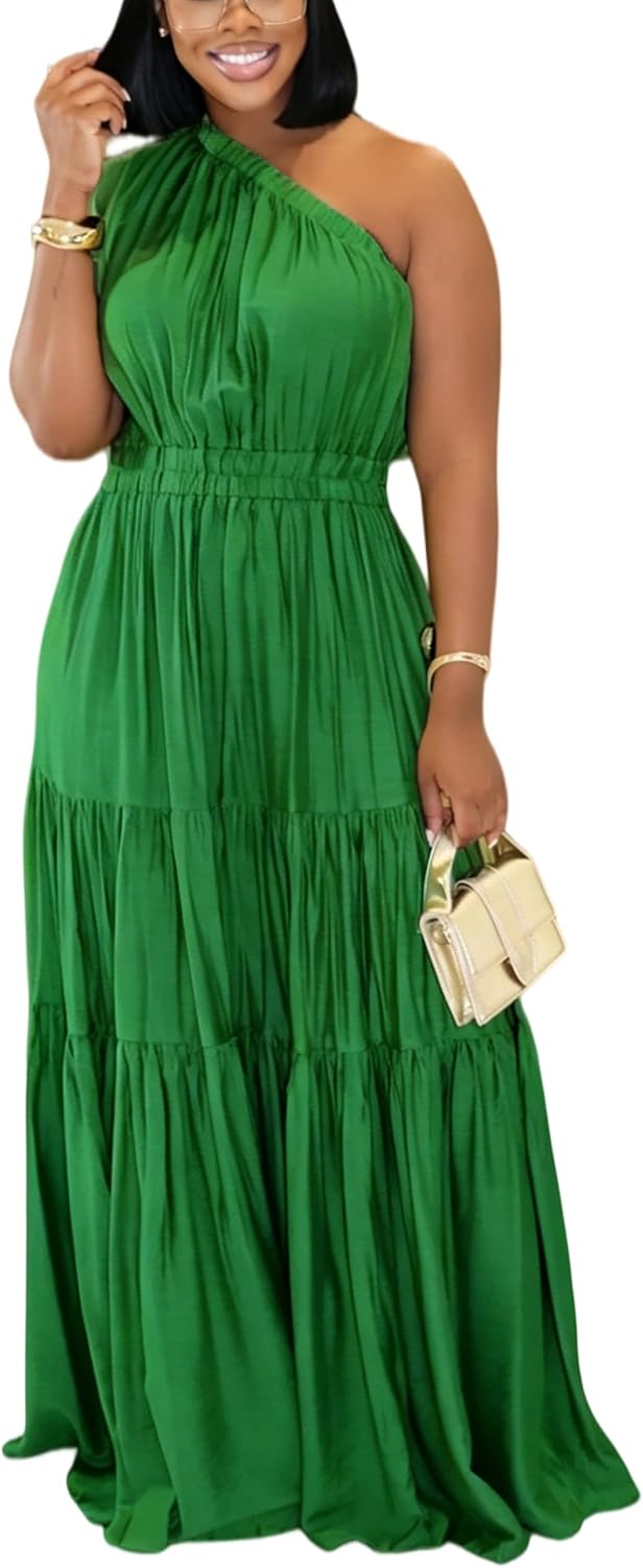 YUEWOO Casual Summer Dresses for Women One Shoulder Sleeveless Boho Beach Maxi Dress Flowy Long Sundresses Vacation Outfits