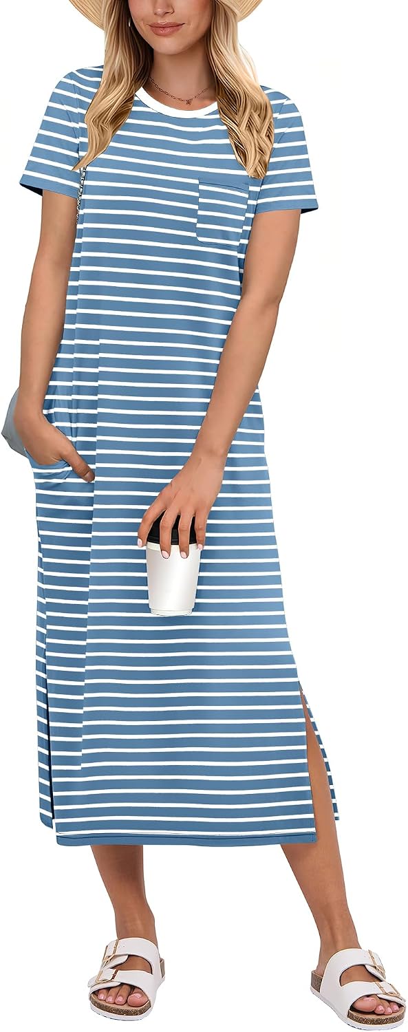 ANRABESS Womens Midi Dress,Summer Long Tshirts Dresses,Short Sleeve Split Stripe,Comfy Travel Beach Vacation Casual Wear