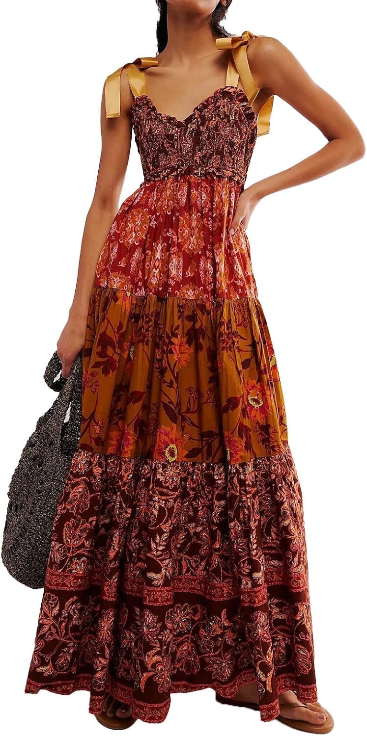 ABYOVRT Women Floral Maxi Dress Tie Shoulder Patchwork Smocked Flowy Boho Dress with Pockets Summer Vacation Sundress