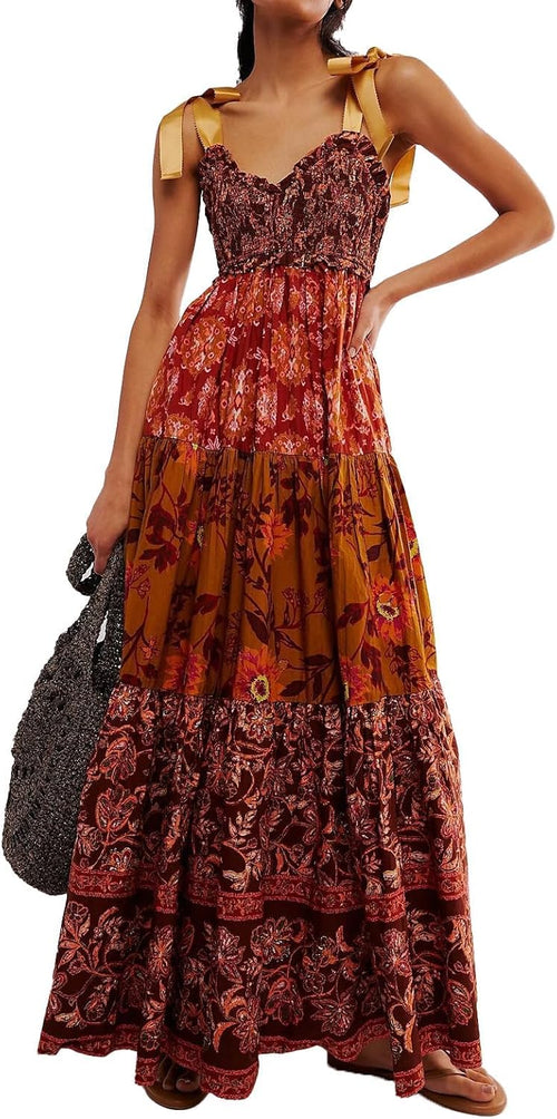 ABYOVRT Women Floral Maxi Dress Tie Shoulder Patchwork Smocked Flowy Boho Dress with Pockets Summer Vacation Sundress