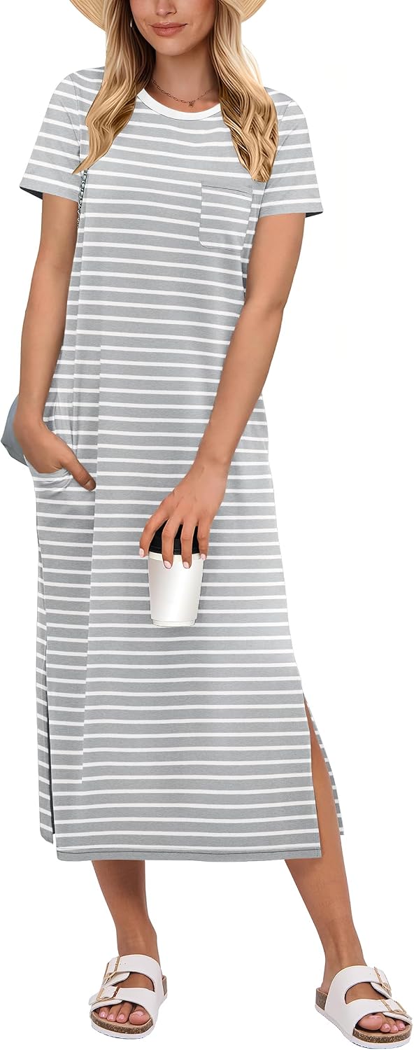 ANRABESS Womens Midi Dress,Summer Long Tshirts Dresses,Short Sleeve Split Stripe,Comfy Travel Beach Vacation Casual Wear