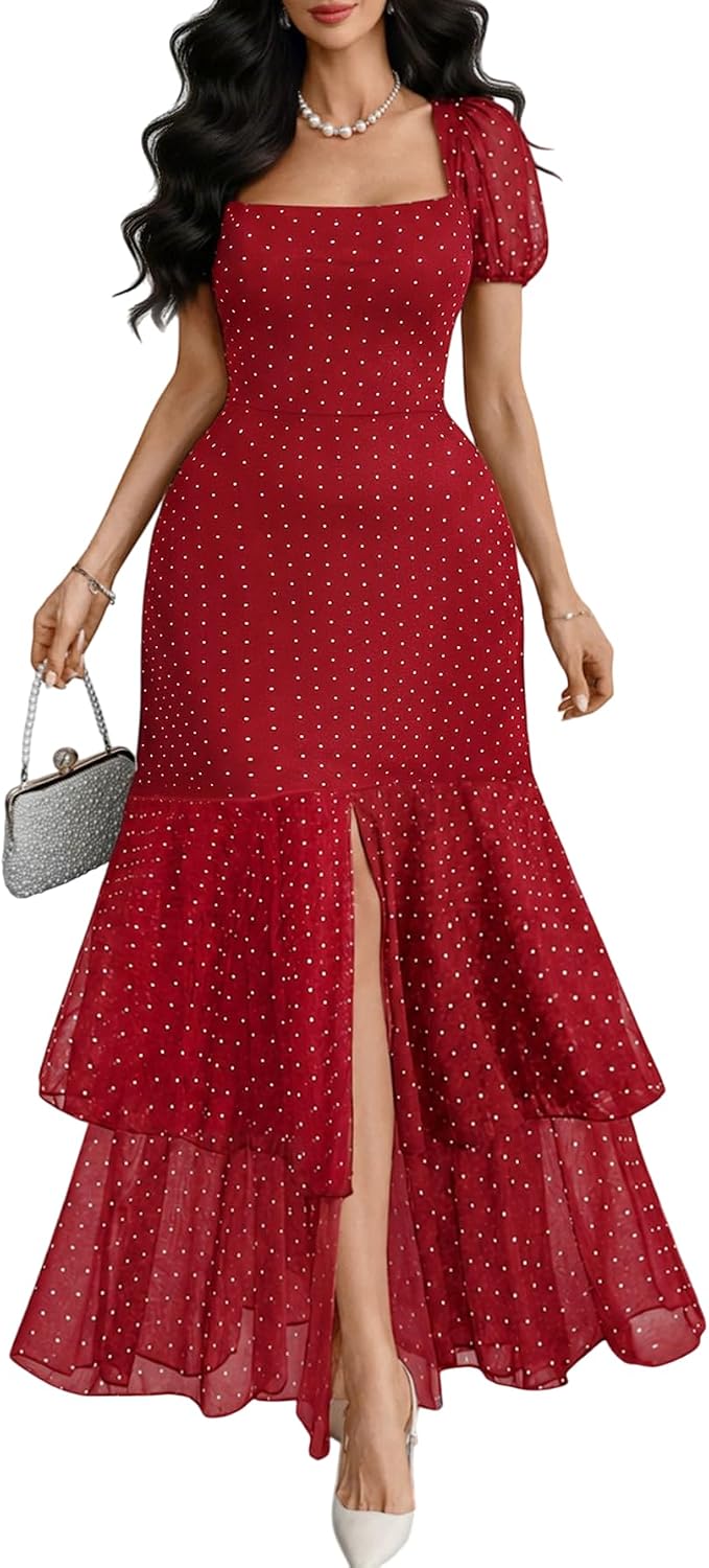GothDark Polka Dot Dress for Women 2026 Square Neck High Slit Casual Dress | Stretch Fabric, Polka Dot, Square Neck, Short Puff Sleeve, High Slit, Ruffled Hem, Party, Wedding Guest, Casual Dress