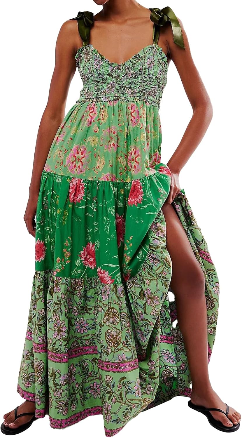 ABYOVRT Women Floral Maxi Dress Tie Shoulder Patchwork Smocked Flowy Boho Dress with Pockets Summer Vacation Sundress