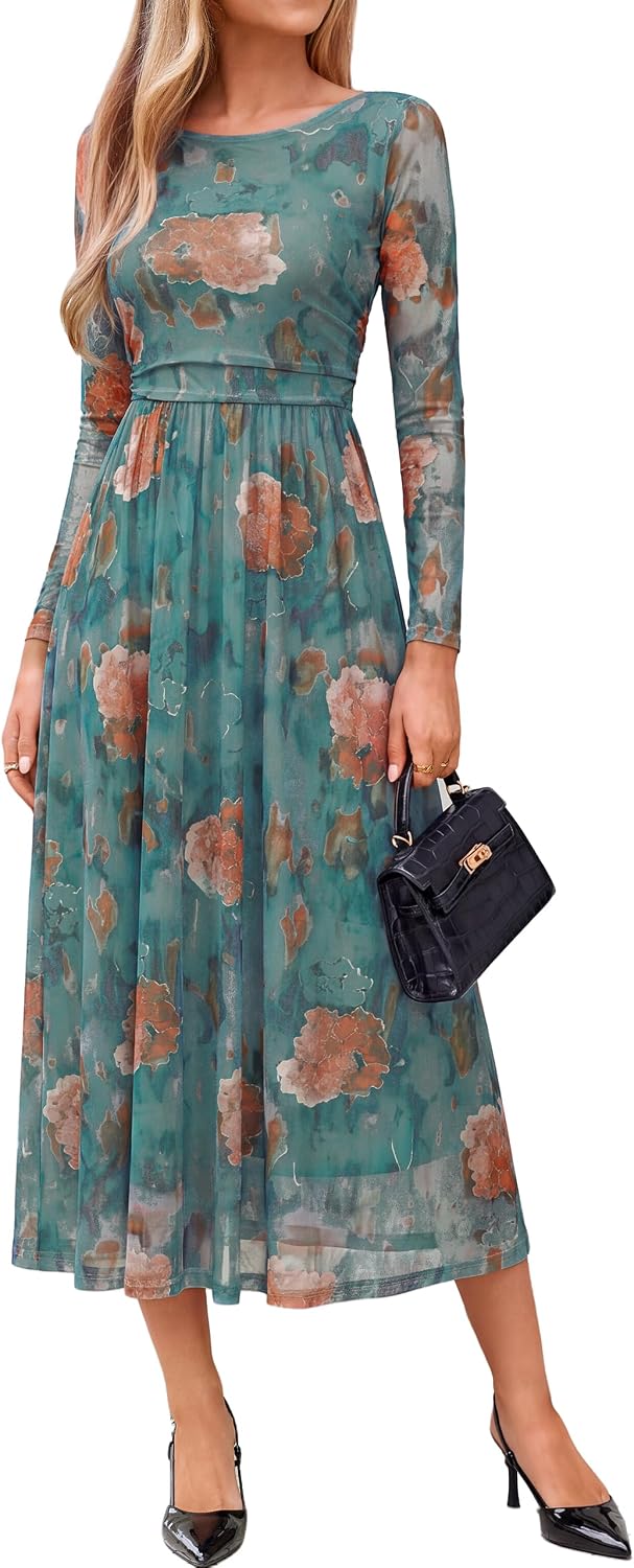 Simplee Womens Fall Floral Long Sleeve Cocktail Wedding Guest Maxi Dress | Elegant Semi Formal, Winter Holiday Party, A Line Flowy, Boho Long Dress, Ruched High Waist, Boat Neck, Elastic Mesh