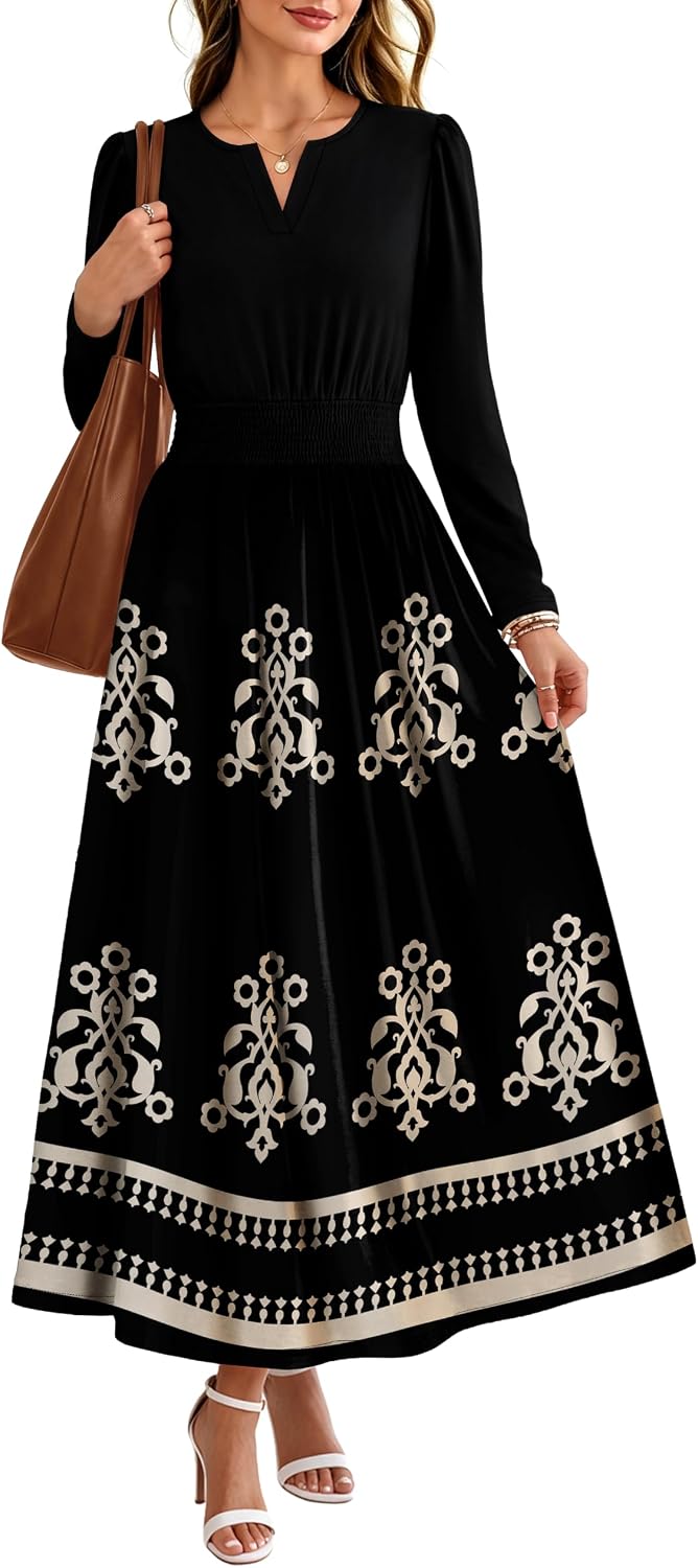 OFEEFAN 2026 Womens Fall Boho Floral Long Sleeve Maxi Dresses with Pockets | Smocked Waist, Notch V Neck, Flowy, A Line, Elegant, Comfy Soft, Casual Daily Work Wedding Guest Church Beach, Fall Outfits