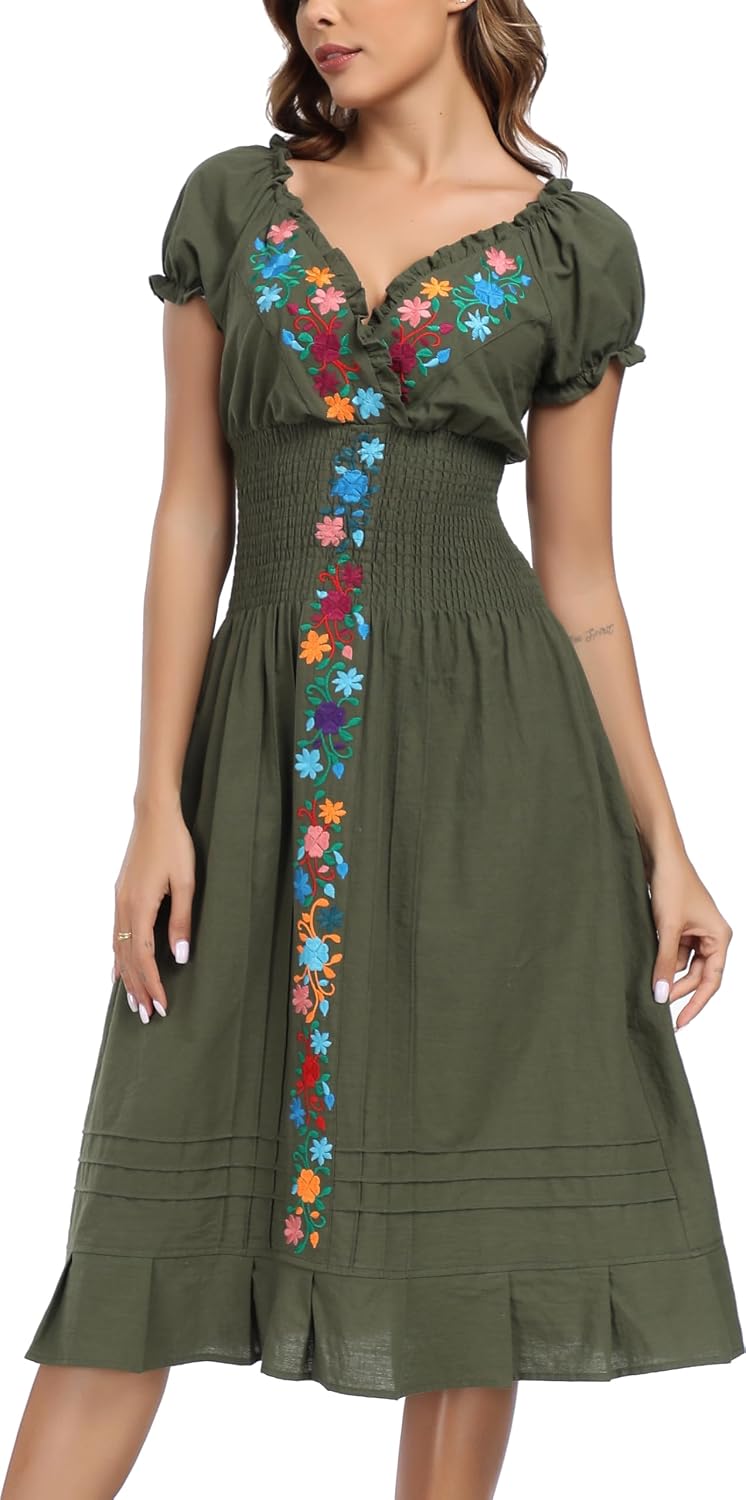YZXDORWJ Women Mexican Embroidered Casual Dress Summer Ruffle V Neck Short Sleeves