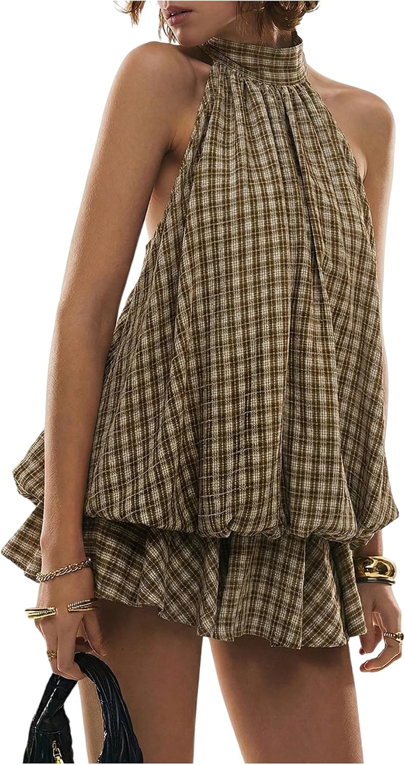 Floerns Women's Gingham Halter Mini Dress Y2k Backless Ruffle Hem Dresses | Plaid, Tie Open Back, Bubble Dress, Built in Shorts, Sundress, Going Out Outfits