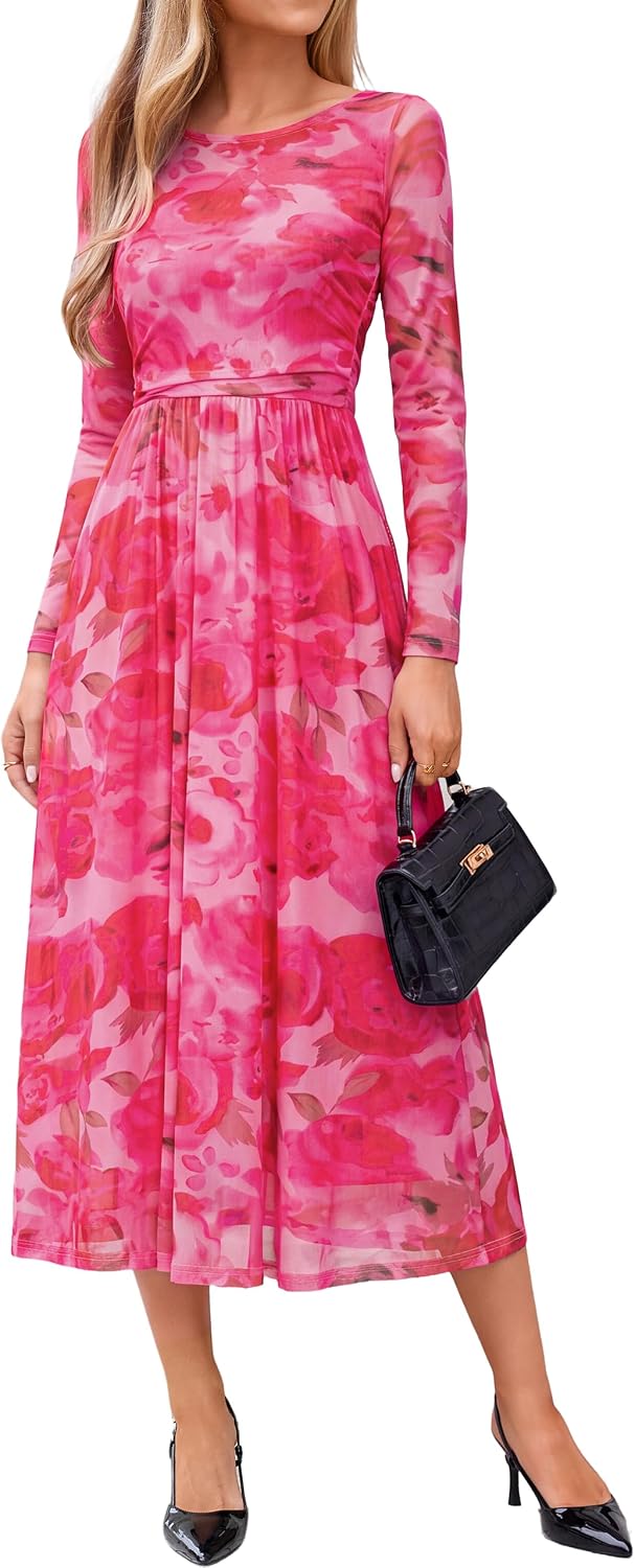 Simplee Womens Fall Floral Long Sleeve Cocktail Wedding Guest Maxi Dress | Elegant Semi Formal, Winter Holiday Party, A Line Flowy, Boho Long Dress, Ruched High Waist, Boat Neck, Elastic Mesh