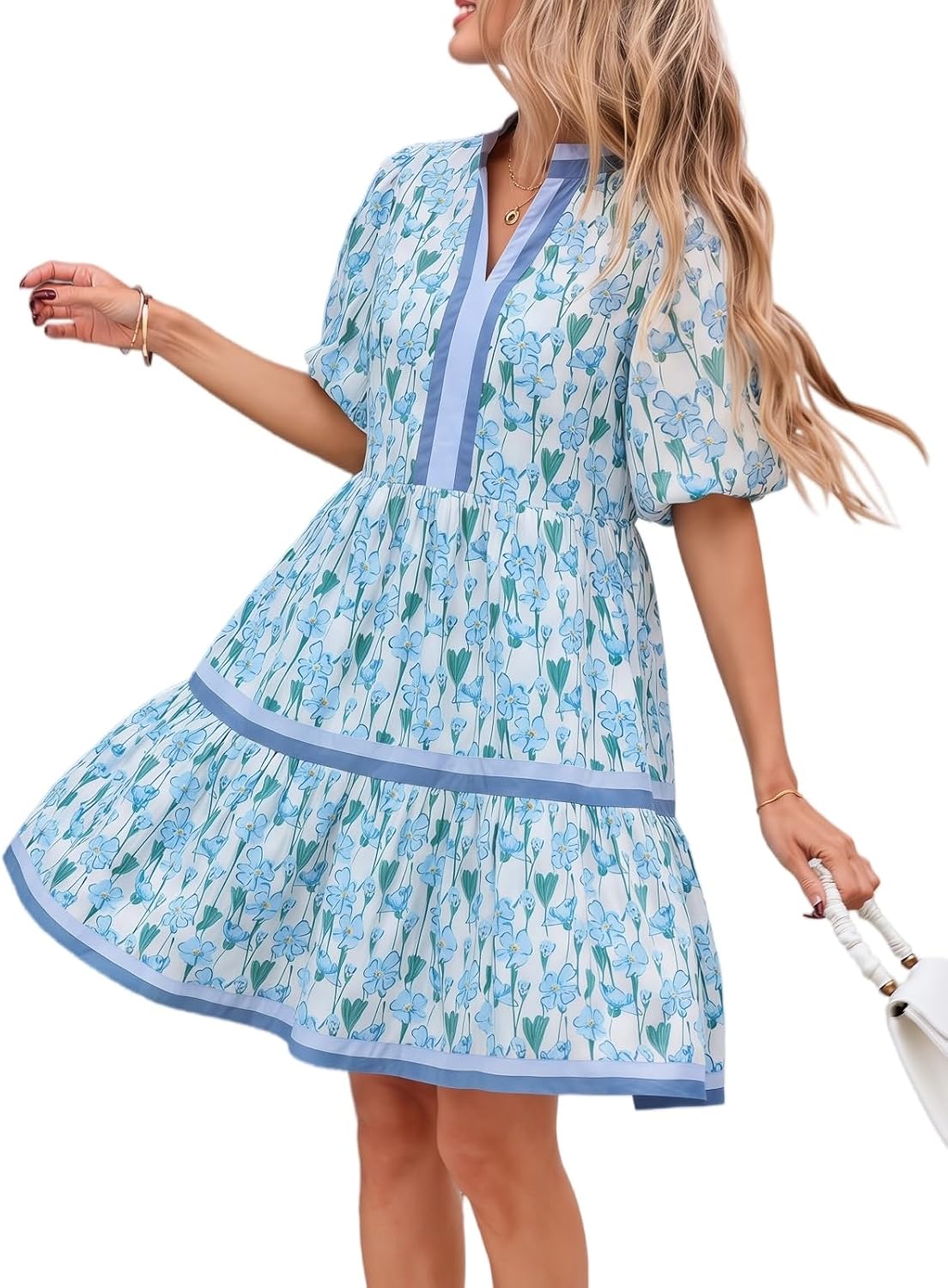 Women Floral Babydoll Mini Dress V Neck Puff Sleeve Striped Color Block Sundress