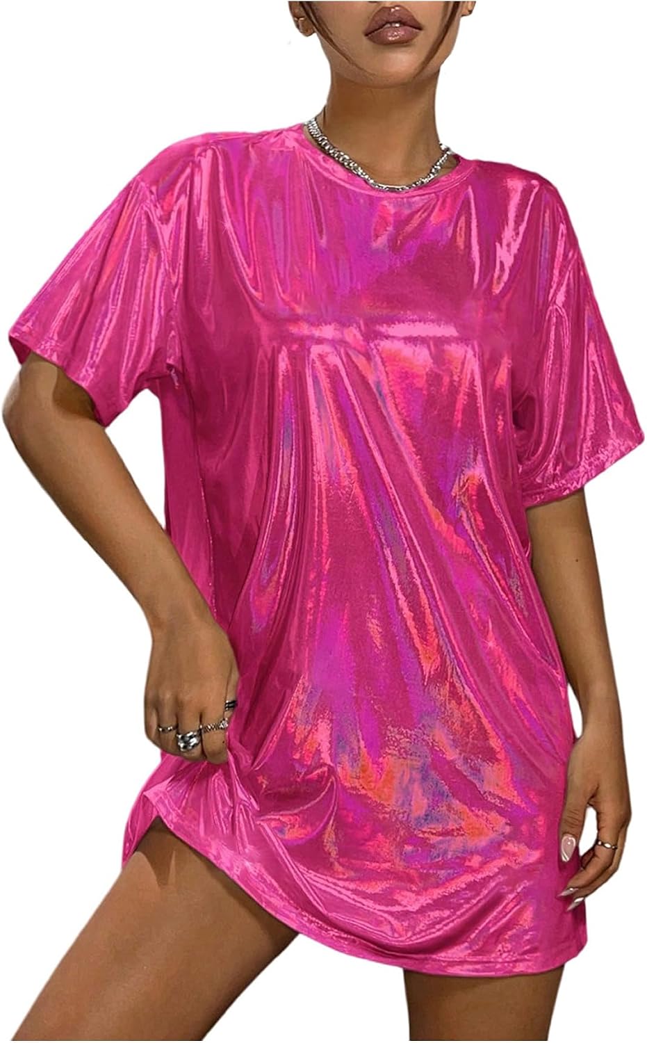 SHENHE Women's Y2k Shiny Holographic Metallic Disco Oversized Tshirt Dress | Short Sleeve,Party Disco Dress,Drop Shoulder,Shimmer Dress