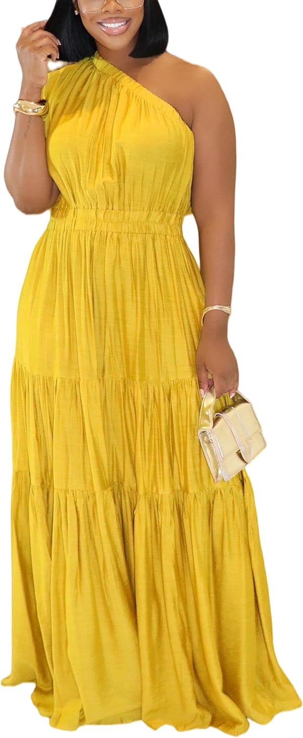 YUEWOO Casual Summer Dresses for Women One Shoulder Sleeveless Boho Beach Maxi Dress Flowy Long Sundresses Vacation Outfits