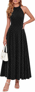 PRETTYGARDEN Summer Flowy Halter Dresses for Women | Elegant Floral\/Polka Dot Print,Sleeveless A-Line,Maxi Long Sundress,Beach Vacation Outfits,Party Wedding Guest Dress