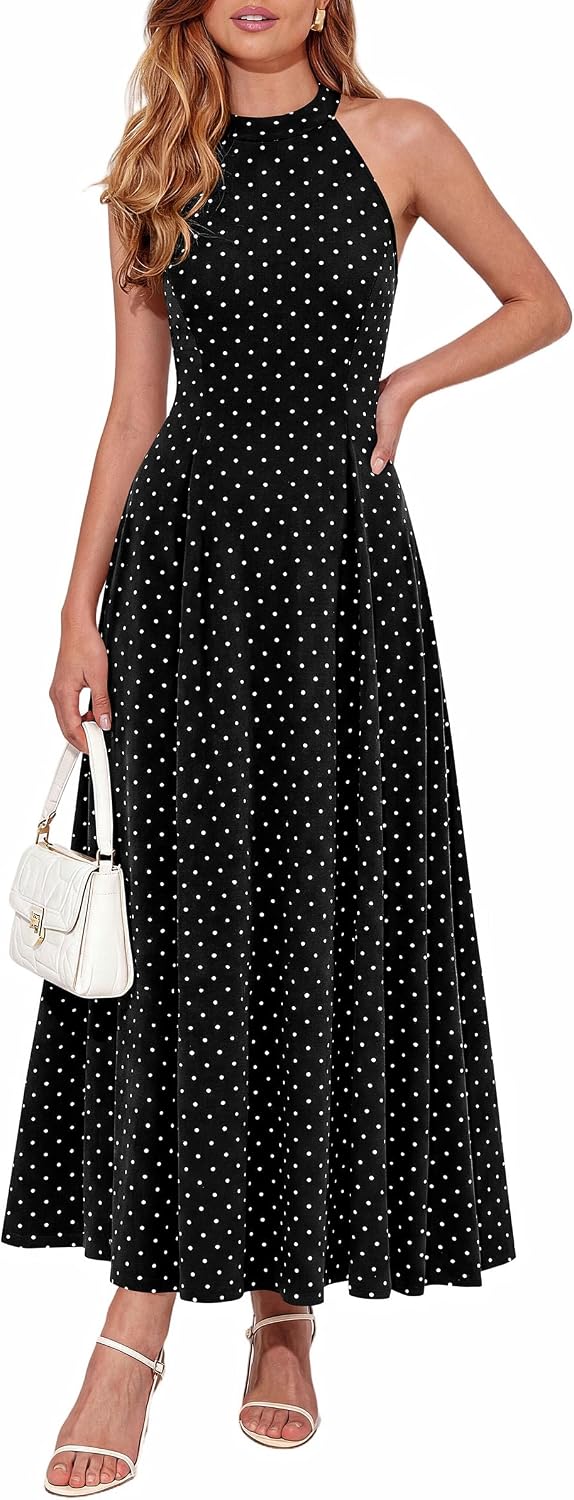 PRETTYGARDEN Summer Flowy Halter Dresses for Women | Elegant Floral\/Polka Dot Print,Sleeveless A-Line,Maxi Long Sundress,Beach Vacation Outfits,Party Wedding Guest Dress