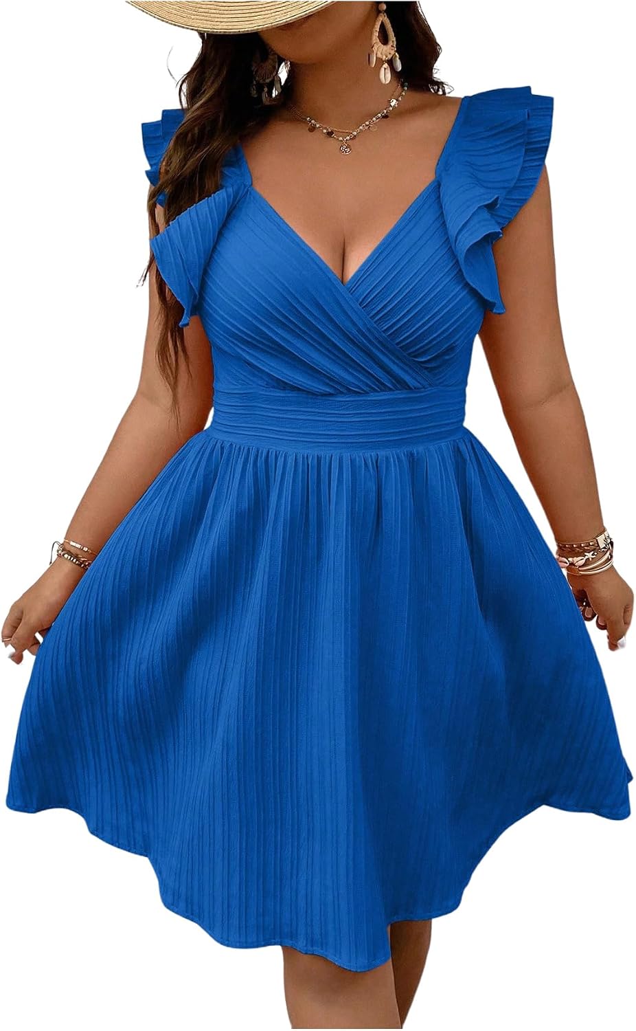 Floerns Women's Plus Size Wrap Front Sweetheart Neck Ruffle Cap Sleeve A Line Dress