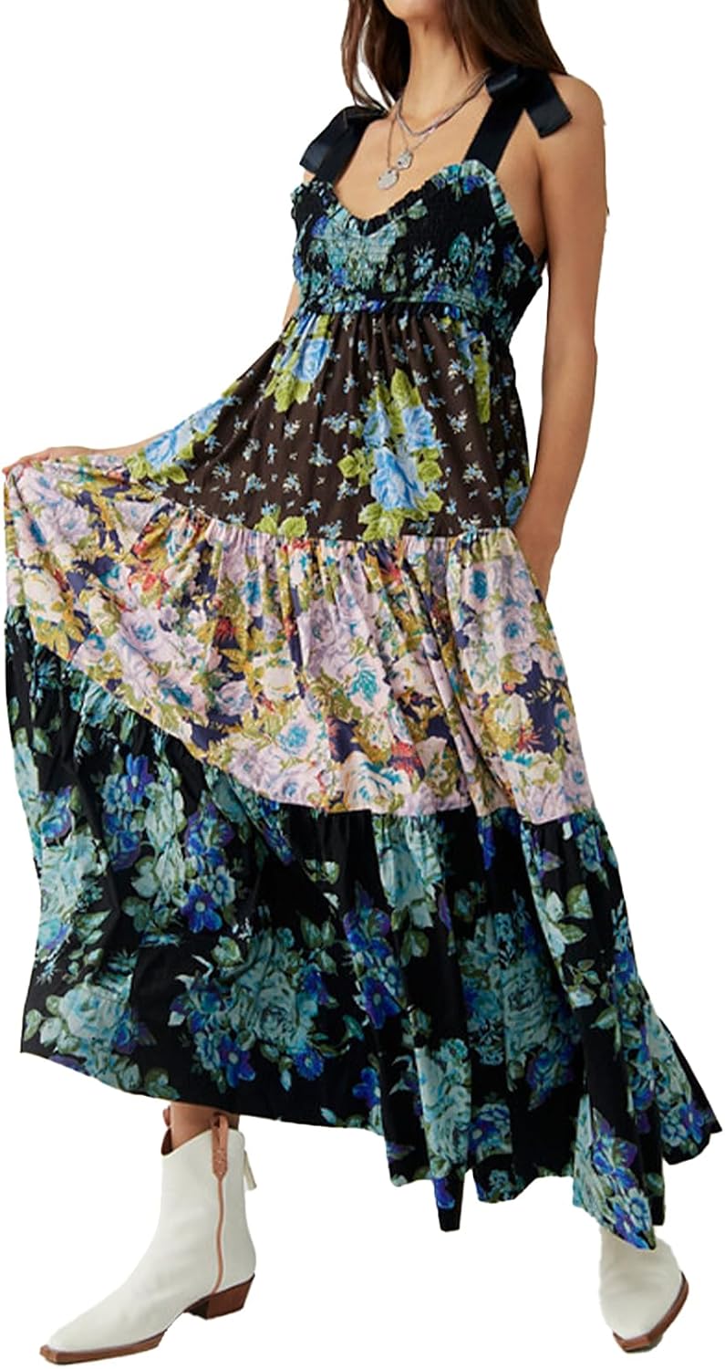 ABYOVRT Women Floral Maxi Dress Tie Shoulder Patchwork Smocked Flowy Boho Dress with Pockets Summer Vacation Sundress