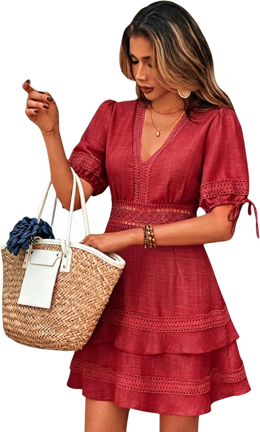 SOLY HUX Women's Summer Dress Lace Short Sleeve A Line Layered Short Dress | Hollow Out, ,V Neck, Puff Sleeve, Mini Dresses