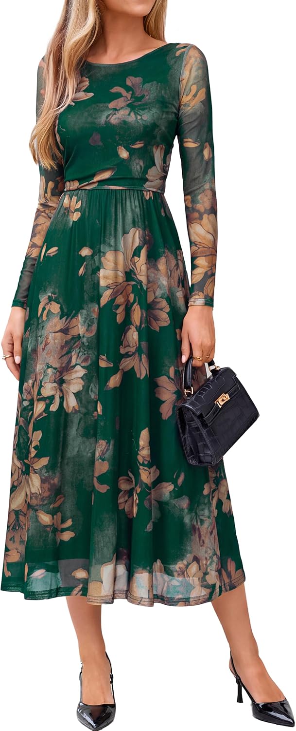 Simplee Womens Fall Floral Long Sleeve Cocktail Wedding Guest Maxi Dress | Elegant Semi Formal, Winter Holiday Party, A Line Flowy, Boho Long Dress, Ruched High Waist, Boat Neck, Elastic Mesh