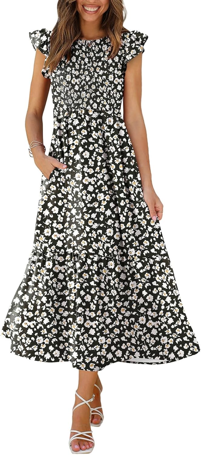 OFEEFAN Women's Casual Maxi Dresses with Pockets Ruffle Sleeve Smocked Dress XS-2XL