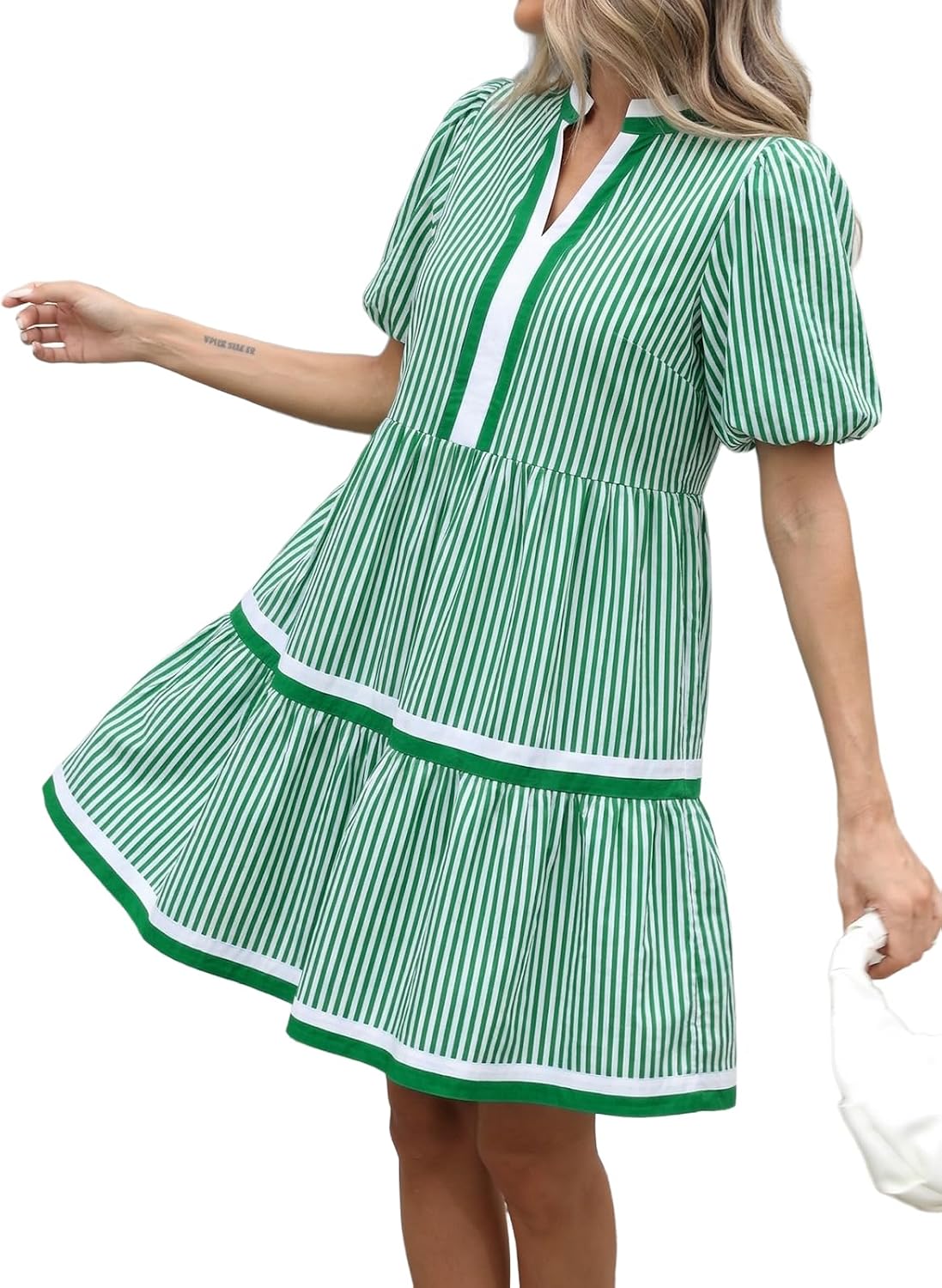 Women Floral Babydoll Mini Dress V Neck Puff Sleeve Striped Color Block Sundress