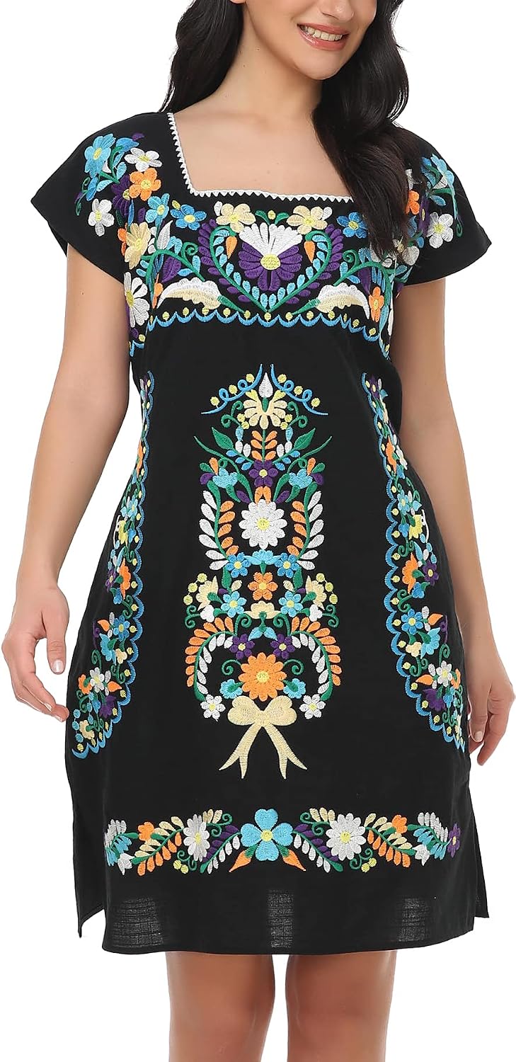 Womens Mexican Embroidered Dress Floral Short Sleeve Boho Mini Dress | Square Neck, Loose Shift Fit, Summer Beach Outfit, Fiesta Party Wear, Casual Sundress for Vacation