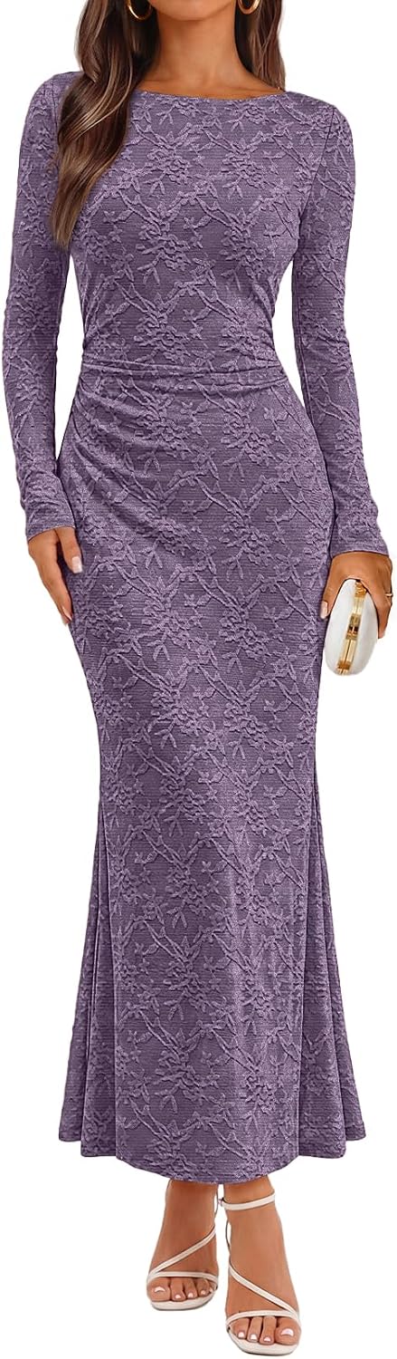 MEROKEETY Women's Fall Wedding Guest Formal Floral Maxi Dresses | Long Sleeve, Bodycon, 2026 Winter, Cocktail Party, Boat Neck, Lace Jacquard Knit, Mermaid Hem, Sheer Sleeves, Long Dress