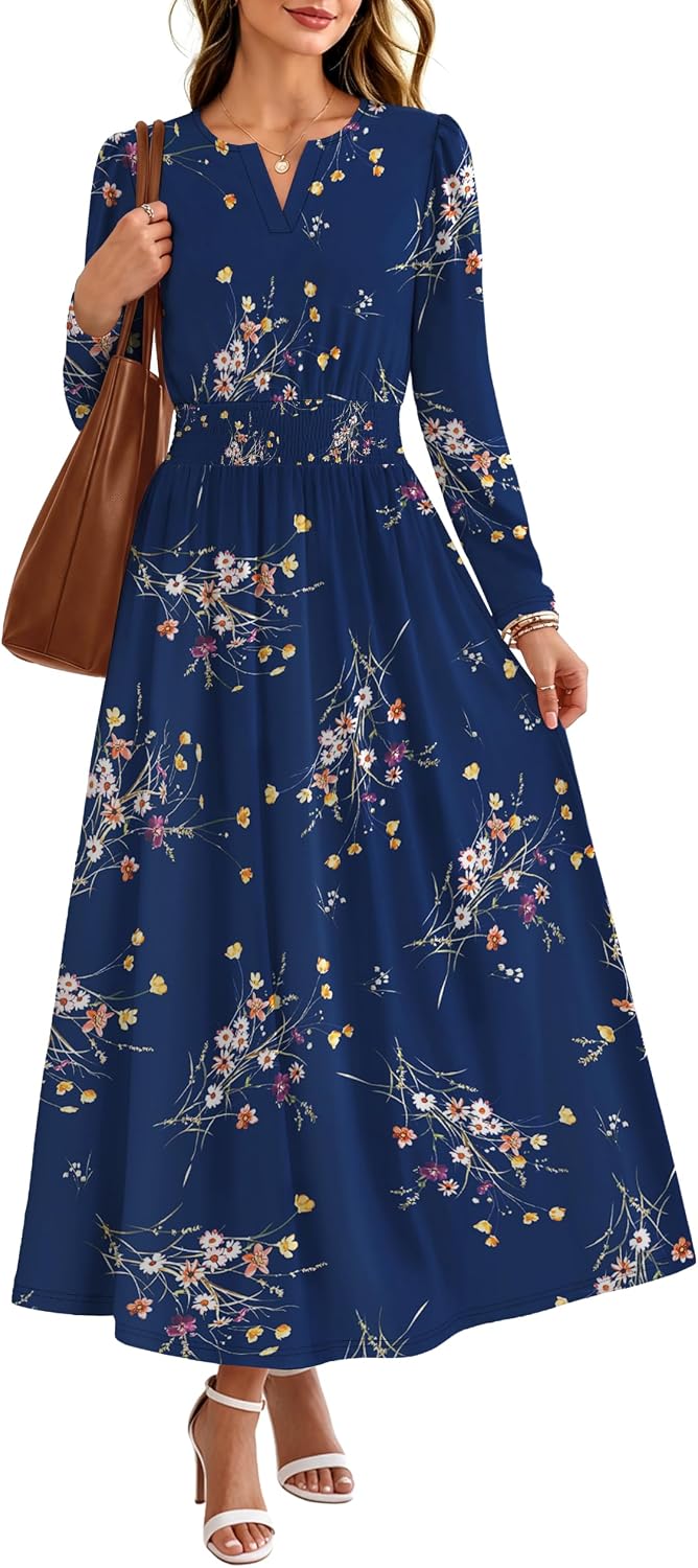 OFEEFAN 2026 Womens Fall Boho Floral Long Sleeve Maxi Dresses with Pockets | Smocked Waist, Notch V Neck, Flowy, A Line, Elegant, Comfy Soft, Casual Daily Work Wedding Guest Church Beach, Fall Outfits