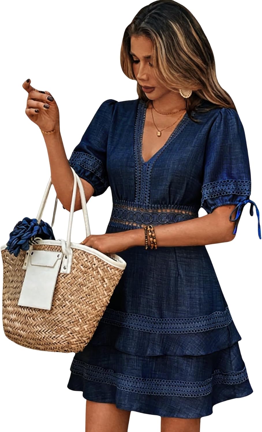 SOLY HUX Women's Summer Dress Lace Short Sleeve A Line Layered Short Dress | Hollow Out, ,V Neck, Puff Sleeve, Mini Dresses