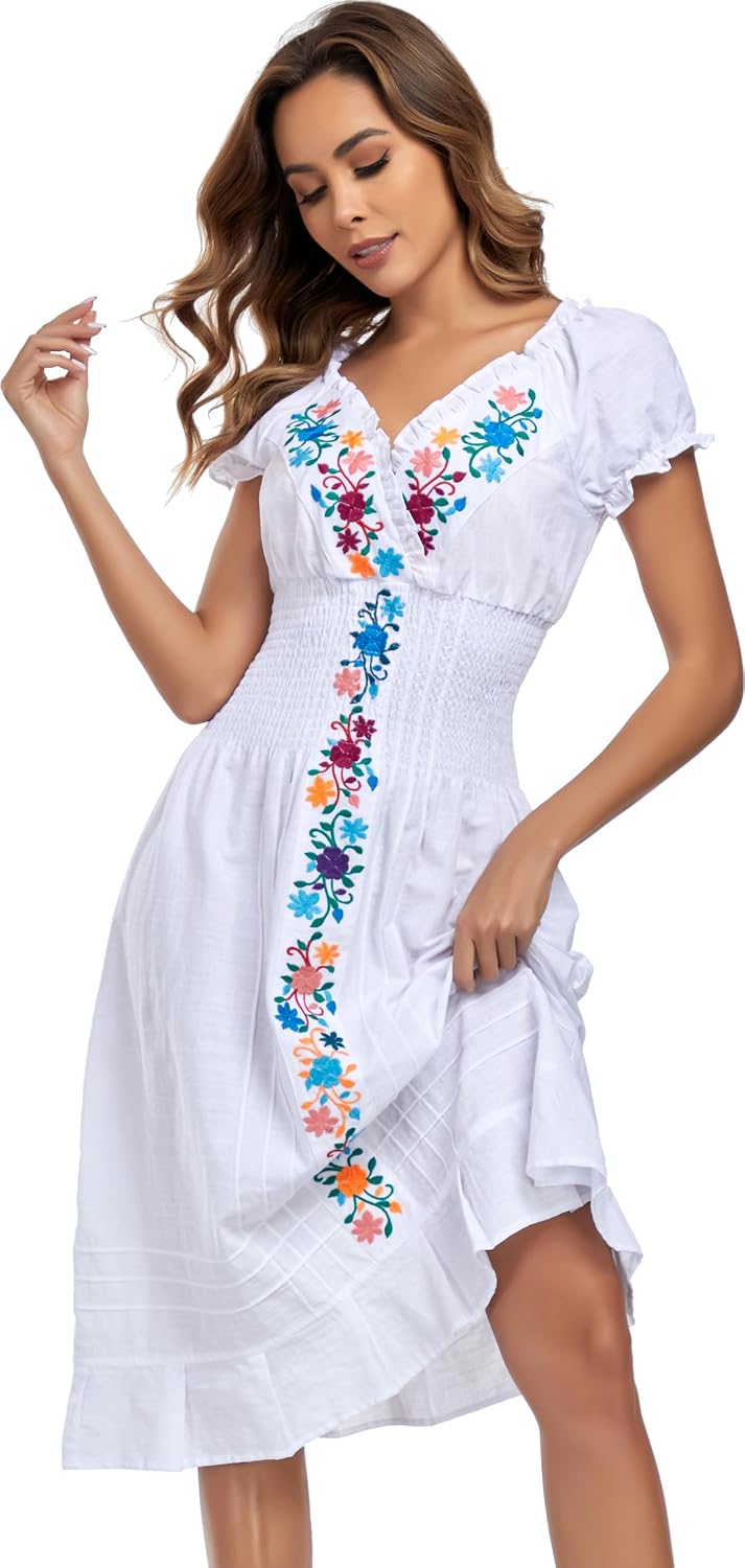 YZXDORWJ Women Mexican Embroidered Casual Dress Summer Ruffle V Neck Short Sleeves
