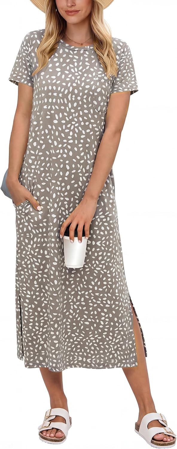ANRABESS Womens Midi Dress,Summer Long Tshirts Dresses,Short Sleeve Split Stripe,Comfy Travel Beach Vacation Casual Wear