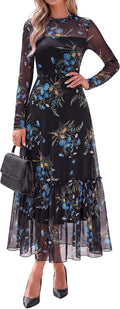 BTFBM Boho Mesh Long Sleeve Dress for Women | Mock Neck, Floral, A Line, Tiered, Baby Shower, Graduation, Wedding, Cocktail Maxi Dresses, 2026 Fall Fashion, Resort Wear
