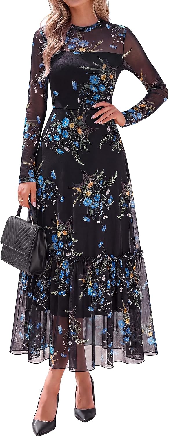 BTFBM Boho Mesh Long Sleeve Dress for Women | Mock Neck, Floral, A Line, Tiered, Baby Shower, Graduation, Wedding, Cocktail Maxi Dresses, 2026 Fall Fashion, Resort Wear