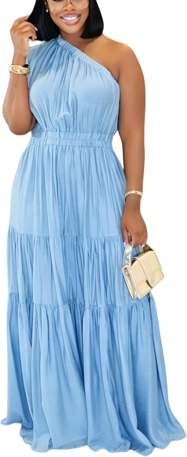 YUEWOO Casual Summer Dresses for Women One Shoulder Sleeveless Boho Beach Maxi Dress Flowy Long Sundresses Vacation Outfits