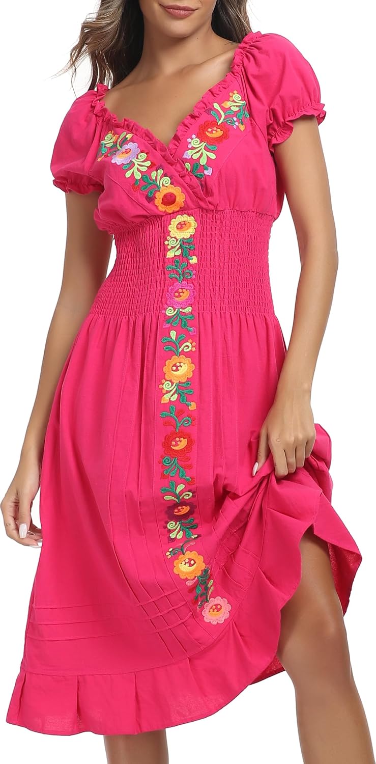 YZXDORWJ Women Mexican Embroidered Casual Dress Summer Ruffle V Neck Short Sleeves