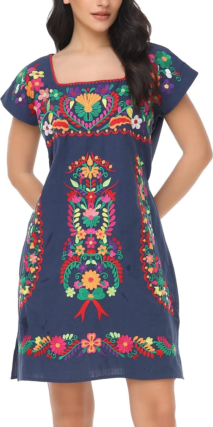 Womens Mexican Embroidered Dress Floral Short Sleeve Boho Mini Dress | Square Neck, Loose Shift Fit, Summer Beach Outfit, Fiesta Party Wear, Casual Sundress for Vacation