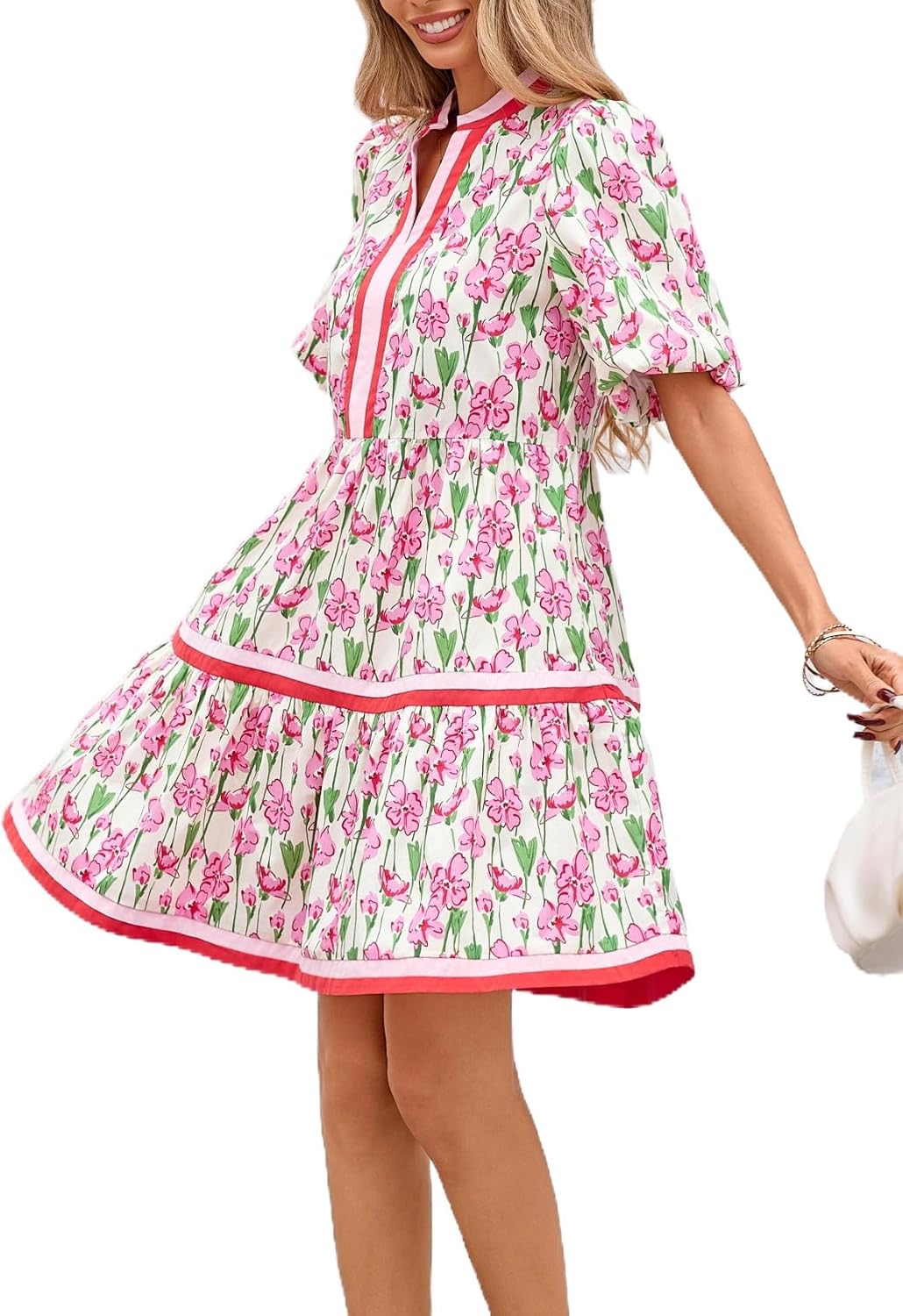 Women Floral Babydoll Mini Dress V Neck Puff Sleeve Striped Color Block Sundress
