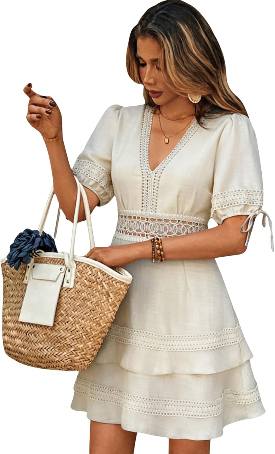 SOLY HUX Women's Summer Dress Lace Short Sleeve A Line Layered Short Dress | Hollow Out, ,V Neck, Puff Sleeve, Mini Dresses