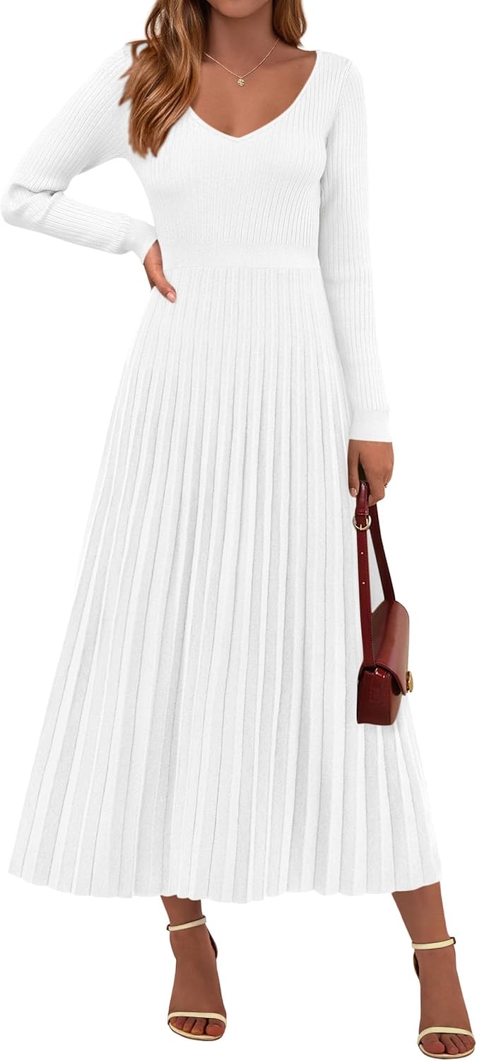 PRETTYGARDEN Sweater Dress Women Long Sleeve Maxi Flowy Pleated Dresses | Cozy Ribbed Knit, Swing A Line, Elegant Fall Outfits for Wedding Guest, Holiday Party, Date Night, Winter Office Work Clothes