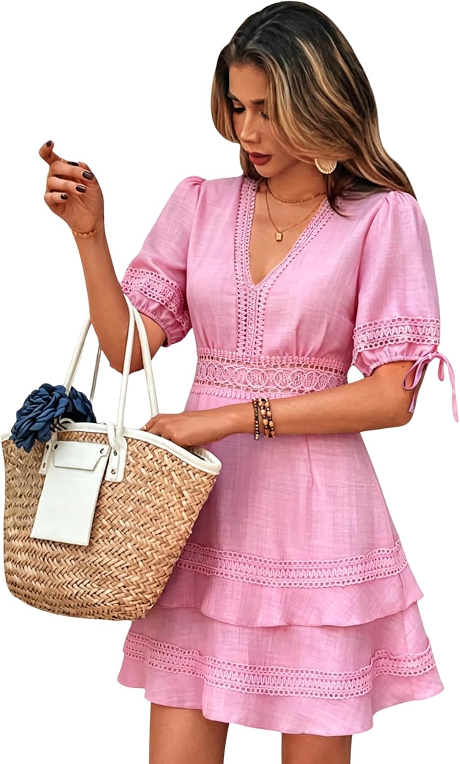SOLY HUX Women's Summer Dress Lace Short Sleeve A Line Layered Short Dress | Hollow Out, ,V Neck, Puff Sleeve, Mini Dresses