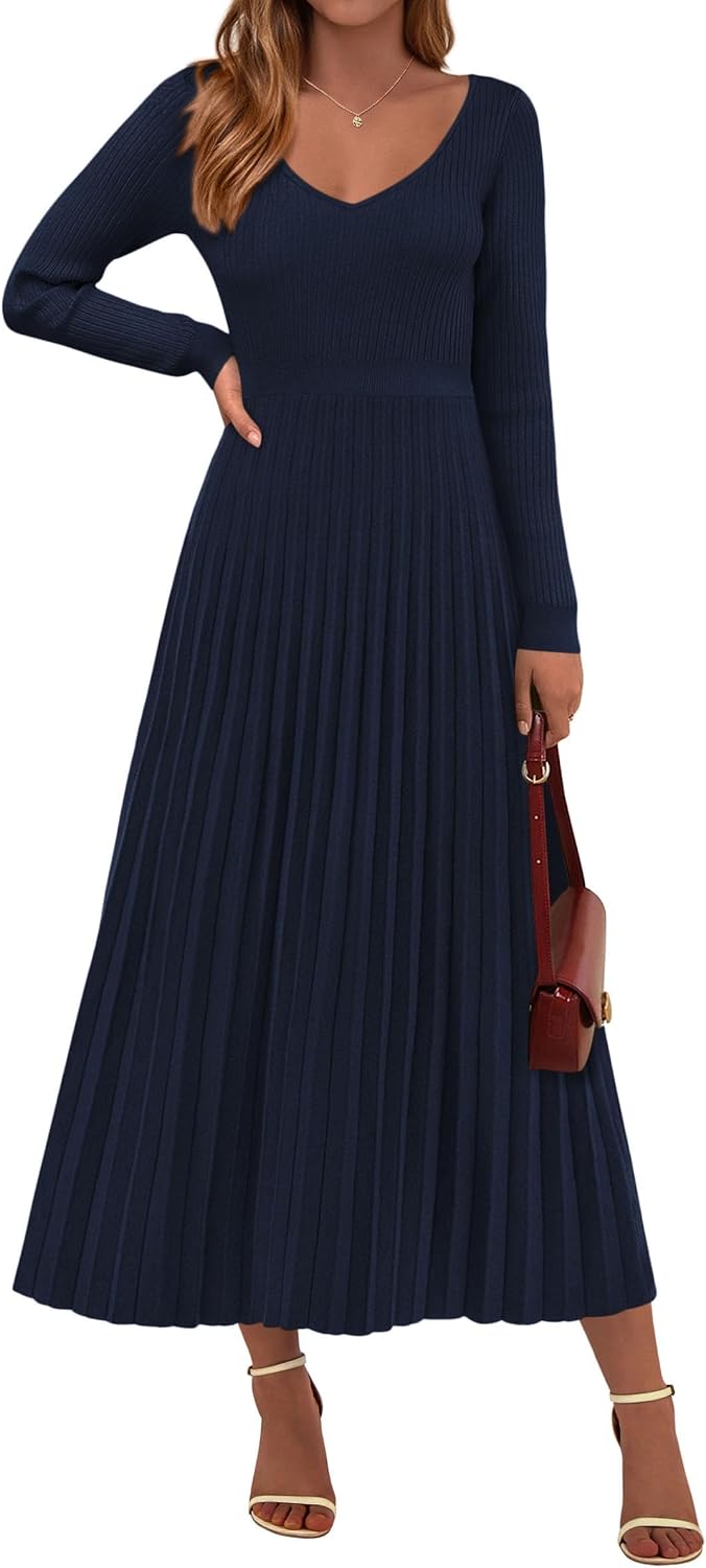 PRETTYGARDEN Sweater Dress Women Long Sleeve Maxi Flowy Pleated Dresses | Cozy Ribbed Knit, Swing A Line, Elegant Fall Outfits for Wedding Guest, Holiday Party, Date Night, Winter Office Work Clothes